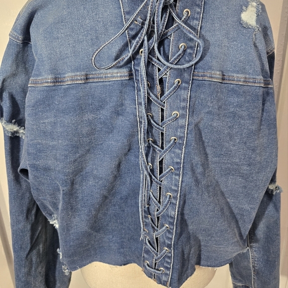 Ashley Stewart Cropped Distressed Denim Jacket Lace Up Detail In Back Sz 18/20 - Picture 8 of 11